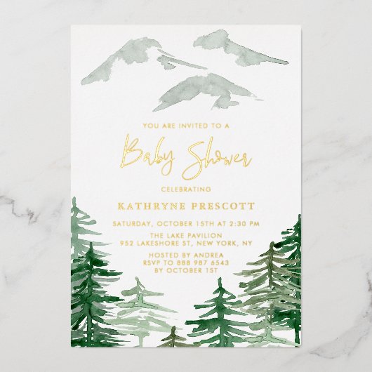 Groen bos Waterverf Woodland Baby shower Folie Uitnodiging (Voorkant)