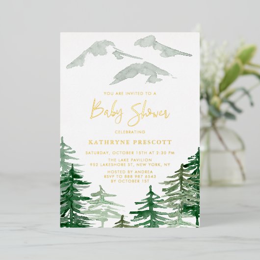 Groen bos Waterverf Woodland Baby shower Folie Uitnodiging (Staand Voorkant)