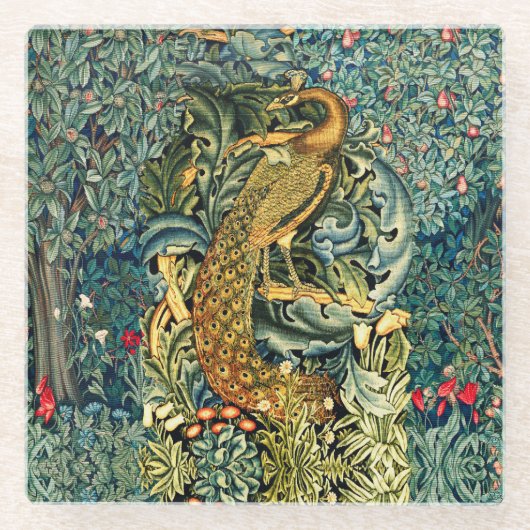 GROEN, BOSDIEREN, PAUW IN GROENE BLOEM GLAZEN ONDERZETTER (Voorkant)