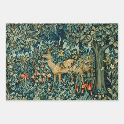 GROEN, BOSDIEREN, Vos en Hazen Groene Bloemen Inpakpapier Vel (Voorkant 3)