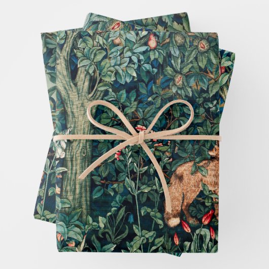 GROEN, BOSDIEREN, Vos en Hazen Groene Bloemen Inpakpapier Vel (In situ)