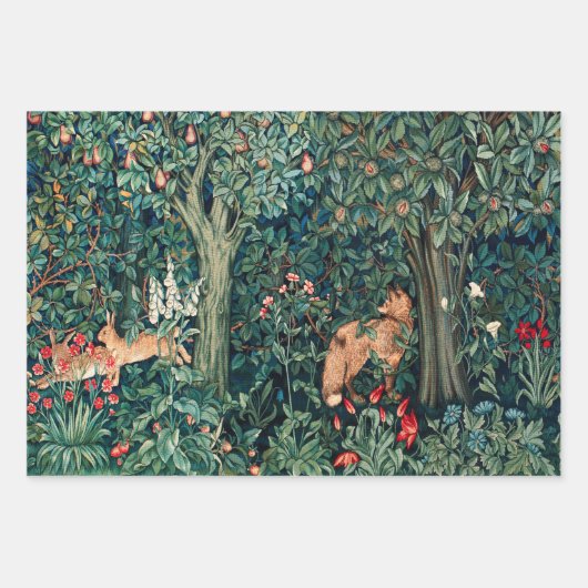 GROEN, BOSDIEREN, Vos en Hazen Groene Bloemen Inpakpapier Vel (Voorkant)