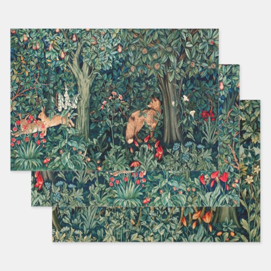 GROEN, BOSDIEREN, Vos en Hazen Groene Bloemen Inpakpapier Vel (Set)