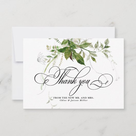 Groen Botanicals Waterverf Kalligrafie Bruiloft Bedankkaart (Voorkant)