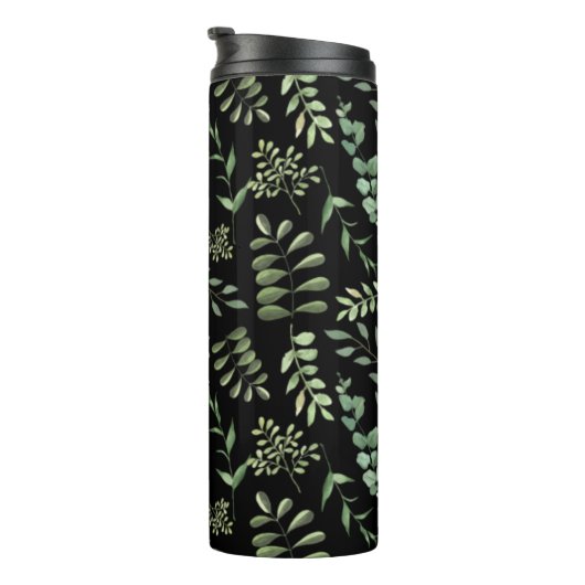 groen botanisch blad patroon zwart thermosbeker (Geroteerd rechts)