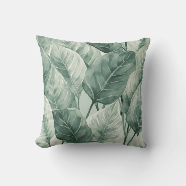 Groen Botanisch Bladpatroon Decoratie Kussen (Voorkant)