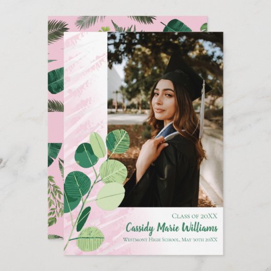 Groen botanisch elegant roze Afstuderen Kaart (Voorkant / Achterkant)