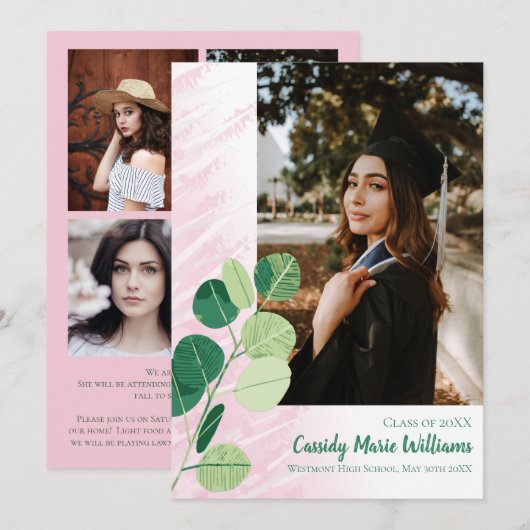 Groen botanisch elegant roze Afstuderen Kaart (Voorkant / Achterkant)