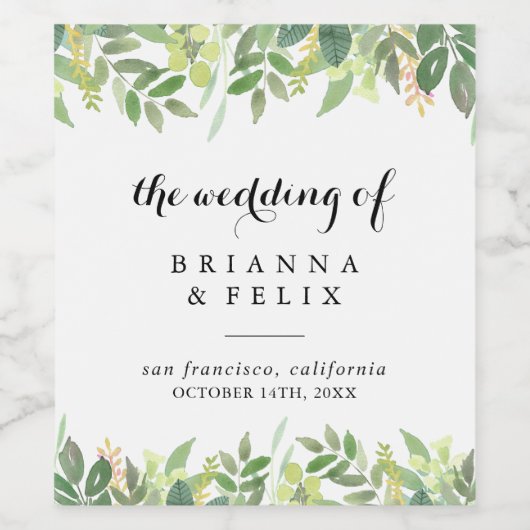 Groen Botanisch gebladerte Bruiloft Wijn Labels Etiket (Enkel label)