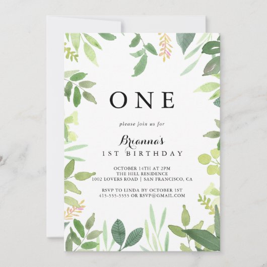 Groen Botanisch gebladerte Eerste Verjaardagsfeest Kaart (Voorkant)