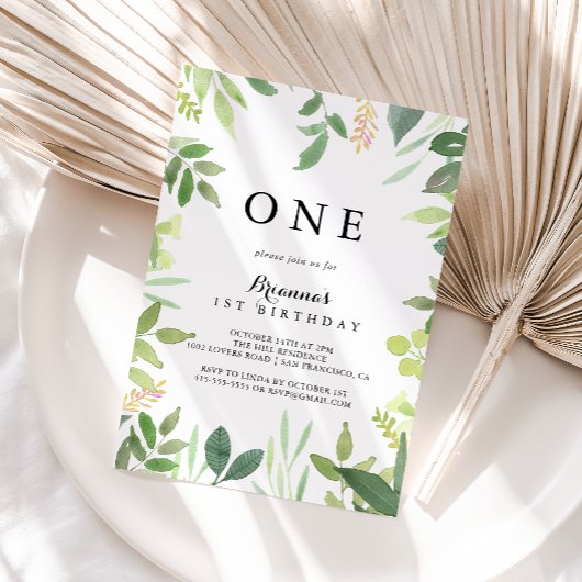 Groen Botanisch gebladerte Eerste Verjaardagsfeest Kaart