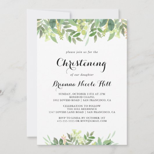 Groen Botanisch gebladerte kalligrafie doopsel Kaart (Voorkant)