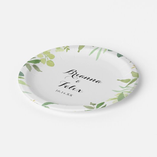 Groen Botanisch gebladerte Trouwtaart Papieren Bordje (Gekanteld)