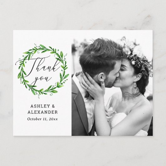 Groen botanisch script foto bruiloft dank u briefkaart (Voorkant)