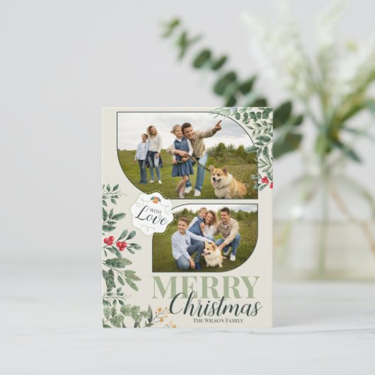 Groen Botanisch Vrolijk Kerstfeest 2 Familie Foto Feestdagenkaart (Staand voorkant)