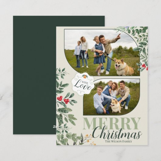 Groen Botanisch Vrolijk Kerstfeest 2 Familie Foto Feestdagenkaart (Voorkant / Achterkant)