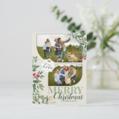 Groen Botanisch Vrolijk Kerstfeest 2 Familie Foto Feestdagenkaart (Staand voorkant)