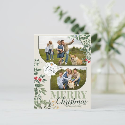 Groen Botanisch Vrolijk Kerstfeest 2 Familie Foto Feestdagenkaart (Staand voorkant)