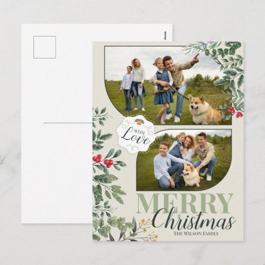 Groen Botanisch Vrolijk Kerstfeest 2 Familie Foto Feestdagenkaart (Voorkant / Achterkant)