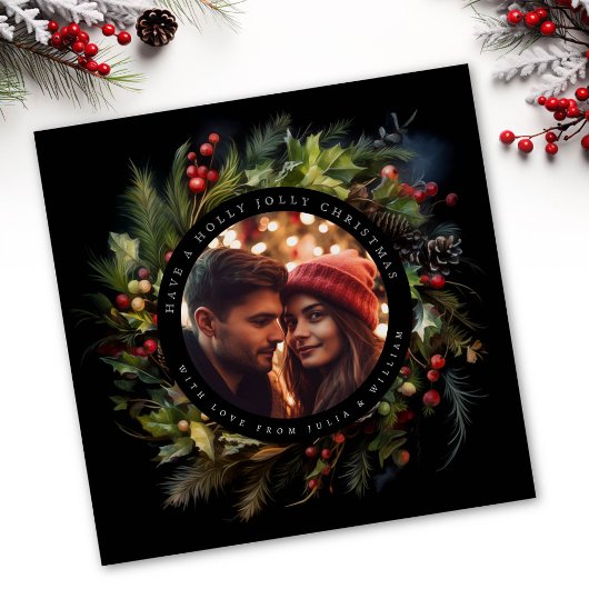 Groen Botanische kerst foto zwart vierkant Feestdagenkaart