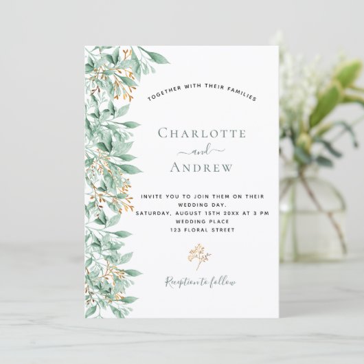 Groen botanische salie groen goud bruiloft kaart (Staand voorkant)