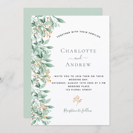 Groen botanische salie groen goud bruiloft kaart (Voorkant / Achterkant)