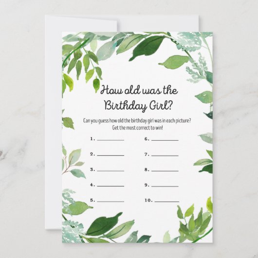 Groen Botanische Verjaardag Meisje Spel 5x7" Maat Kaart (Voorkant)