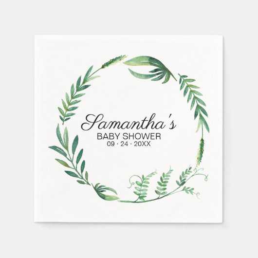 Groen Botanische Waterverf Krans Baby shower Servet (Voorkant)