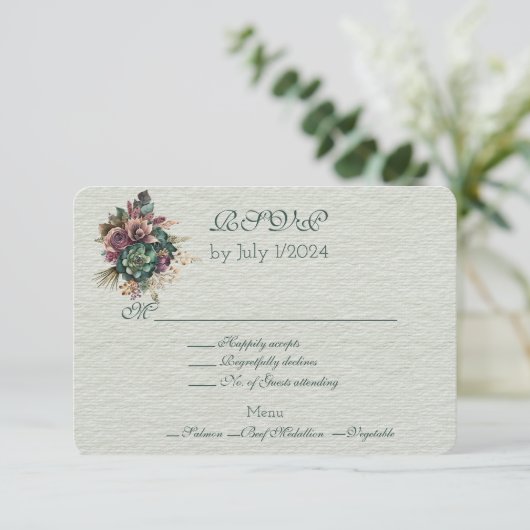 Groen Bourgogne Bloemen Bruiloft Boeket RSVP Kaartje (Staand voorkant)