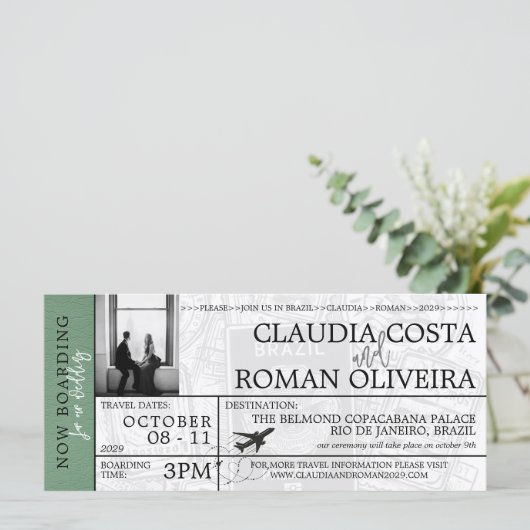 Groen Brazilië Bruiloft Boarding Pass Uitnodiging (Staand voorkant)