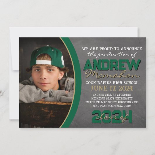 Groen & Brons Chalkboard Afstuderen Aankondiging (Voorkant)