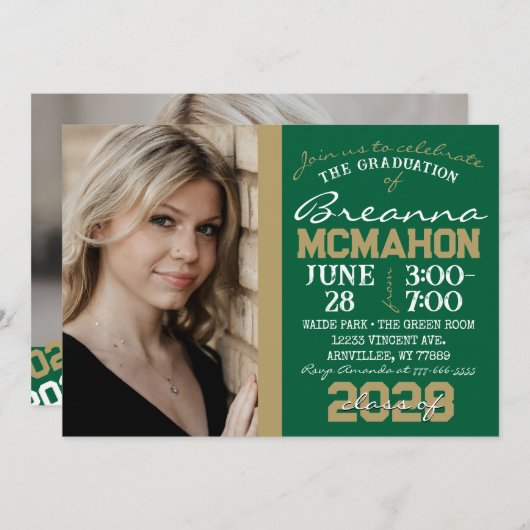 Groen & Brons Goud Afstuderen 2 Fotouitnodiging Kaart (Voorkant / Achterkant)