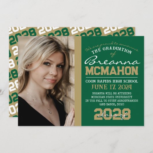 Groen & Brons Goud Afstuderen Fotoaankondiging Kaart (Voorkant / Achterkant)