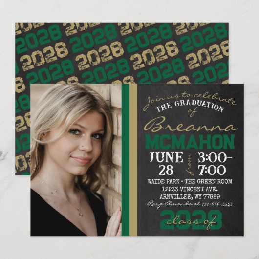 Groen & Brons Goud Krijtbord Afstuderen Foto Kaart (Voorkant / Achterkant)