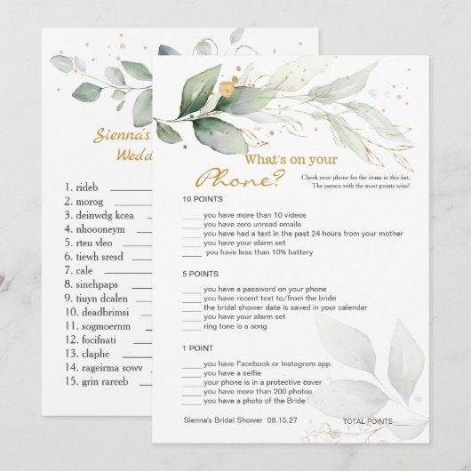 Groen Bruids Telefoon spel/Bruiloft Scramble Kaart (Voorkant / Achterkant)