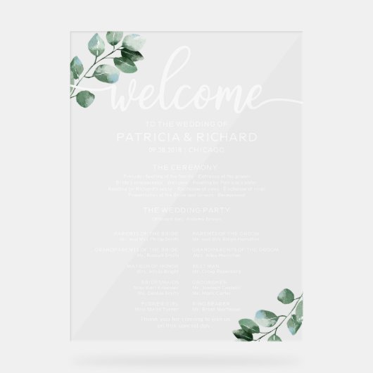 Groen Bruiloft Ceremonie Programma Teken Acryl Bord (Voorkant)
