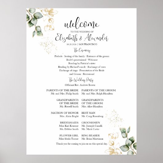 Groen Bruiloft Ceremonie Programma Teken Poster (Voorkant)