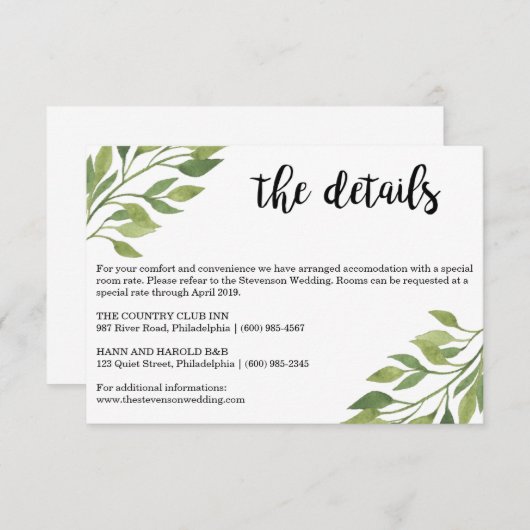 Groen bruiloft details invoegen kaart botanisch (Voorkant / Achterkant)