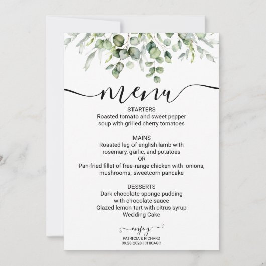 Groen Bruiloft Menu Waterverf Eucalyptus Kaart (Voorkant)