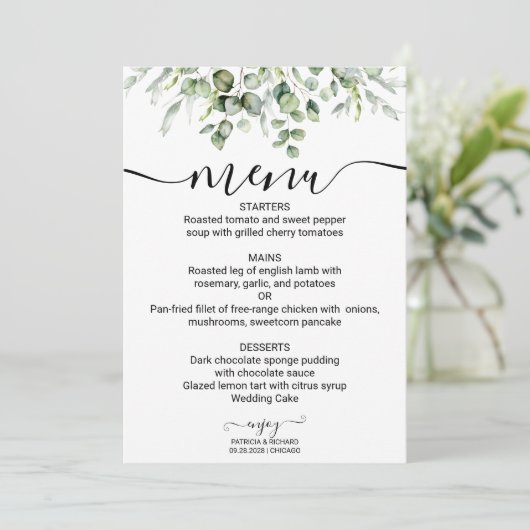 Groen Bruiloft Menu Waterverf Eucalyptus Kaart (Staand voorkant)