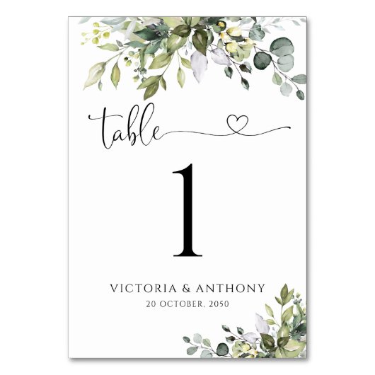 Groen Bruiloft Tafel Nummers Kaart (Voorkant)