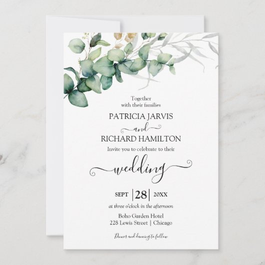 Groen Bruiloft Waterverf Eucalyptus Uitnodiging (Voorkant)