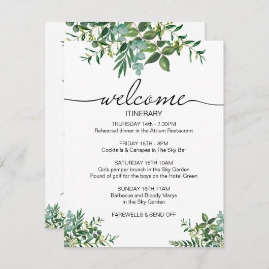 Groen Bruiloft Weekend Route Welkom Informatiekaartje (Voorkant / Achterkant)