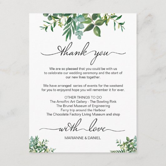 Groen Bruiloft Weekend Route Welkom Informatiekaartje (Achterkant)