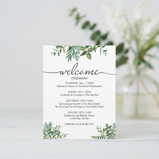 Groen Bruiloft Weekend Route Welkom Informatiekaartje (Staand voorkant)