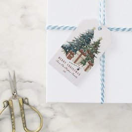 Groen & Bruin Aquarel Kerstboom Cadeaulabel