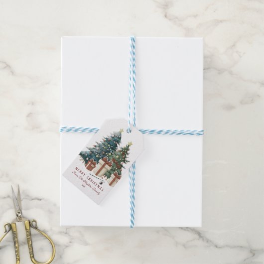 Groen & Bruin Aquarel Kerstboom Cadeaulabel (Met Touw)