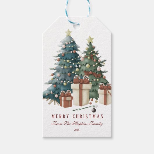 Groen & Bruin Aquarel Kerstboom Cadeaulabel (Voorkant)