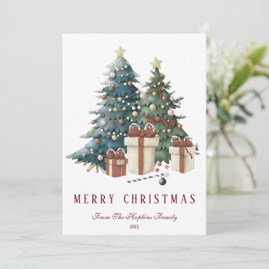 Groen & Bruin Aquarel Kerstboom Feestdagenkaart (Staand voorkant)