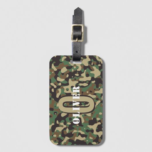 Groen Bruin Beige Camo Camouflage Monogram Naam Bagagelabel (Voorkant (verticaal))